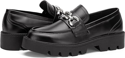 Vepose Women's 8081 Fashion Slip On Chunky Heel Casual Loafers Shoes Round Toe with Chain
