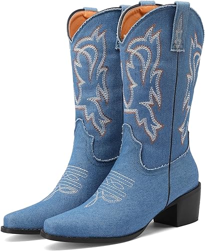 ZeniRuec Denim Cowboy Boots Knee High Cowgirl Boots For Women Blue Jean Boots Wide Calf Western Boots Stacked Block Chunky Heel Classic Embroidered Snip Toe Pull On
