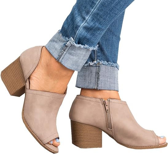 Women Low Heel Ankle Booties Slip On Vegan Suede Leather Cut Out Chunky Block Stacked Peep Toe Ankle Boots Shoes