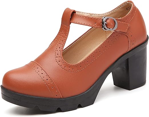 DADAWEN Women's Classic T-Strap Platform Mid-Heel Square Toe Oxfords Dress Shoes Brown US Size 7 